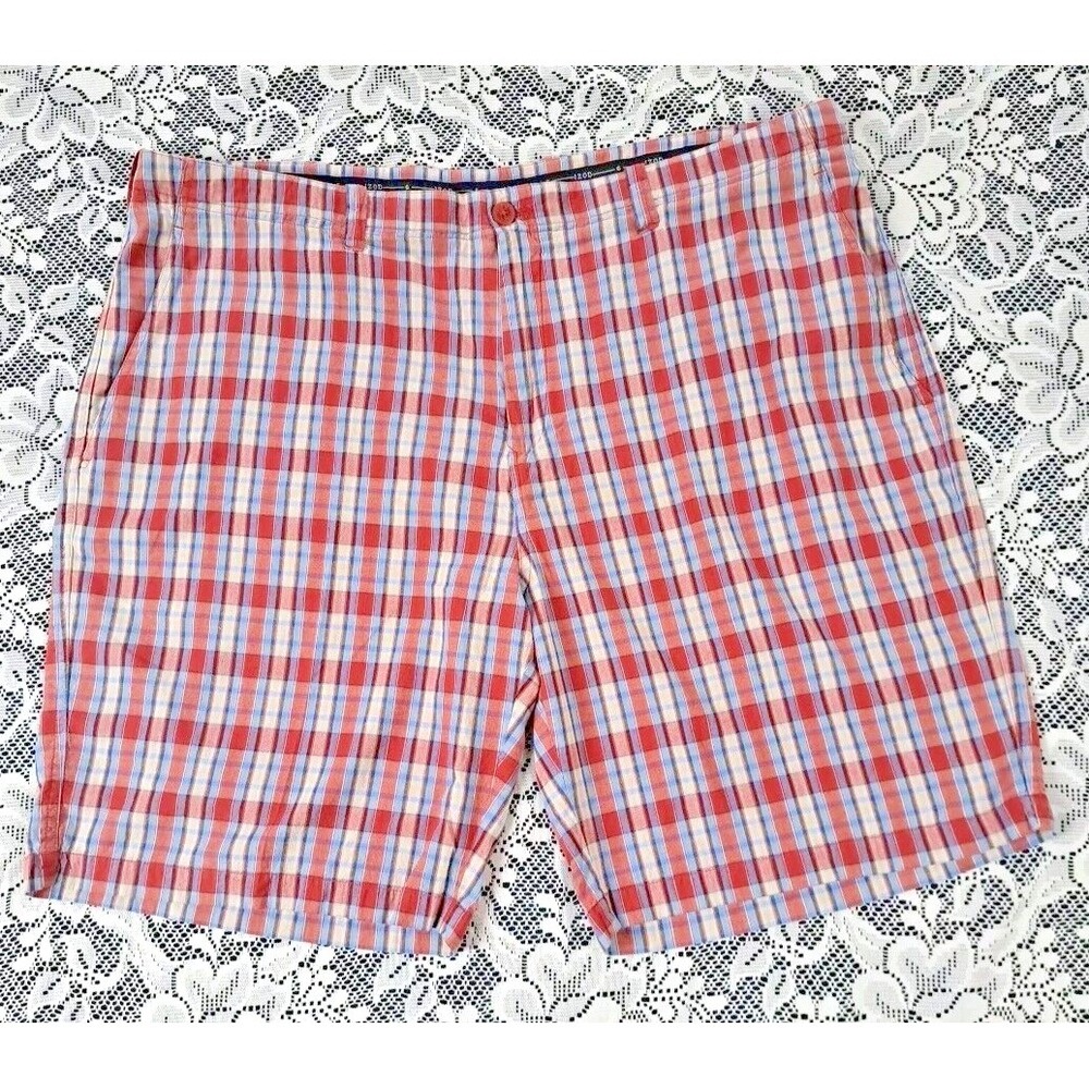 Izod Golf Shorts Men's Size 42 Pink‎ Blue Plaid Flat Front Cotton Active Wear